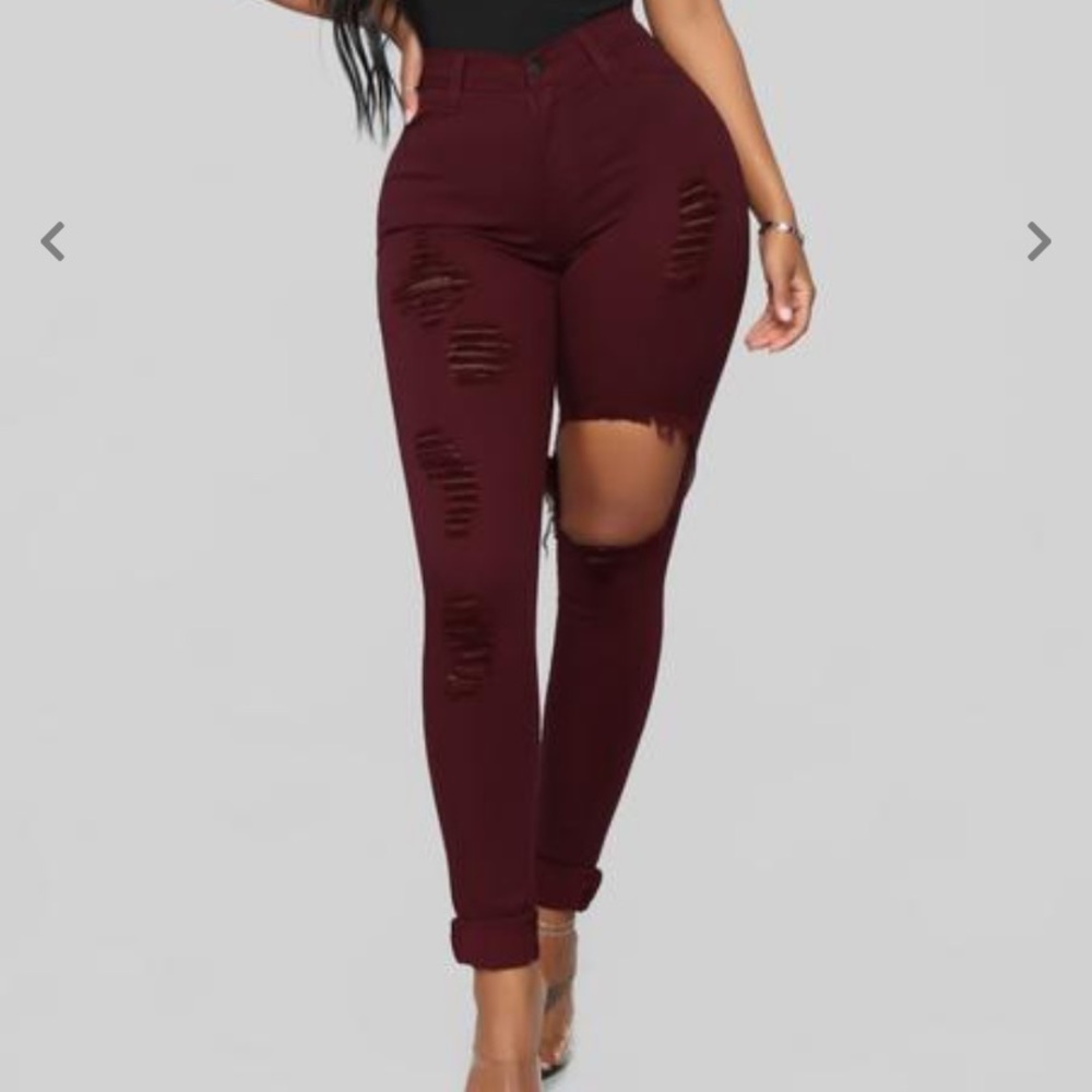 Burgundy distressed fashion nova jeans